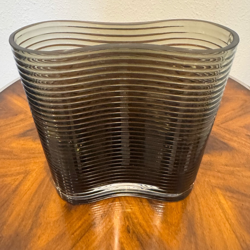 Mid-Century Wavy Glass Vase in Smoky Green/Gray Hand Blown In Poland 8”